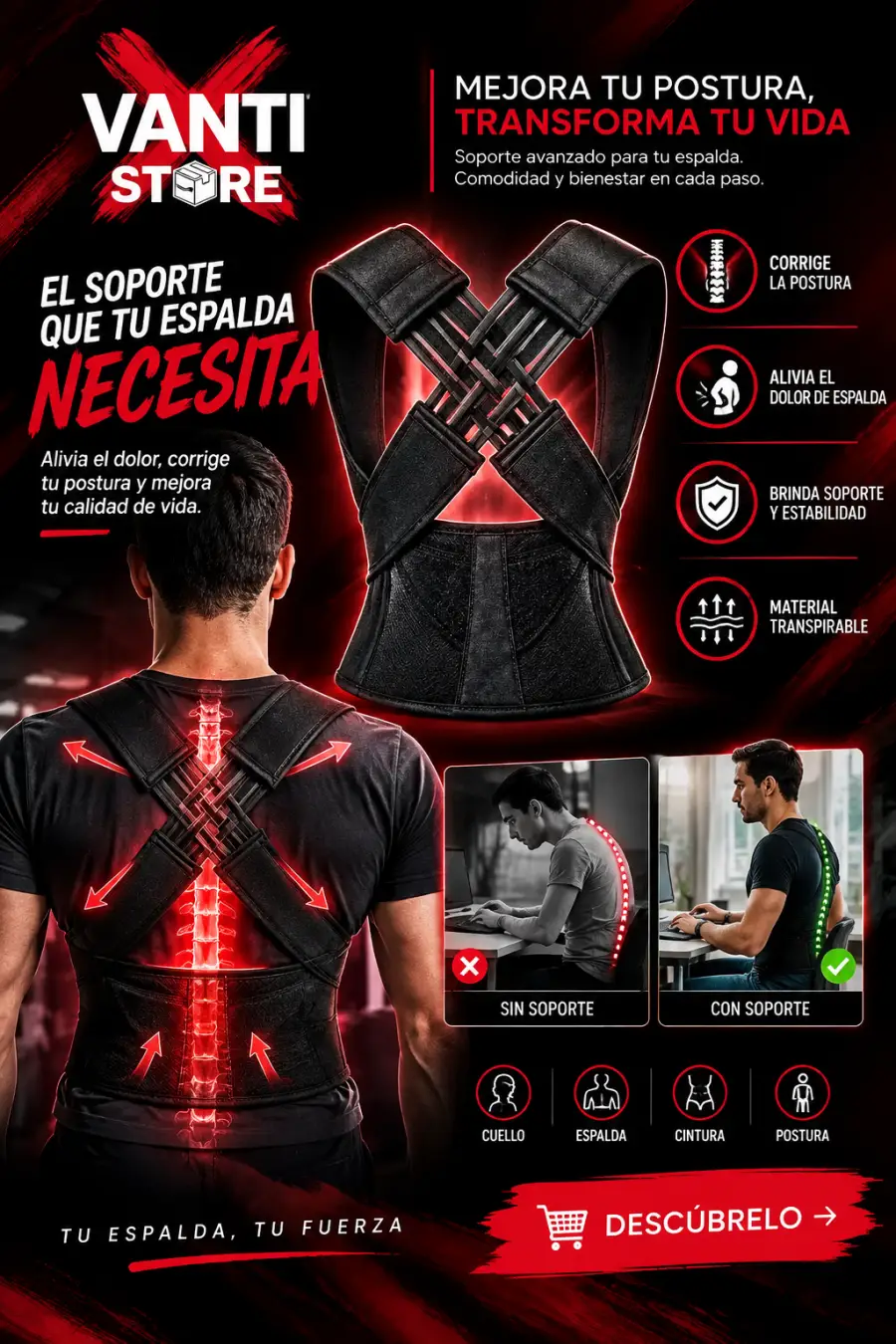 SpineCorrect® - Soporte Postural Inteligente de Fuerza Cruzada